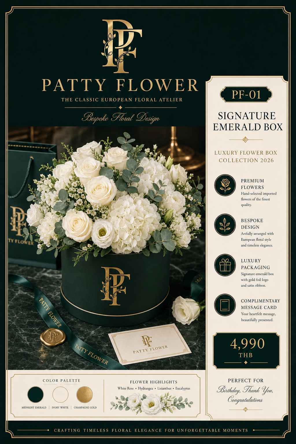 PF-01 Signature Emerald Box กล่องดอกไม้สีเขียวมรกต
